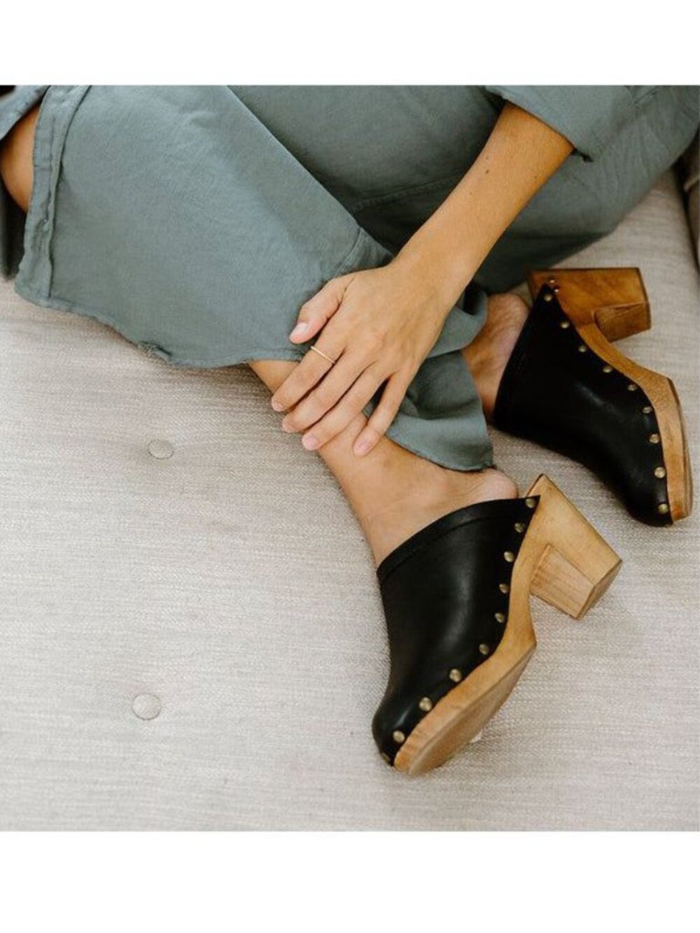 Beek Woodpecker Clogs Mules Size 10 Studded Wood Platform Black Leather NEW $320